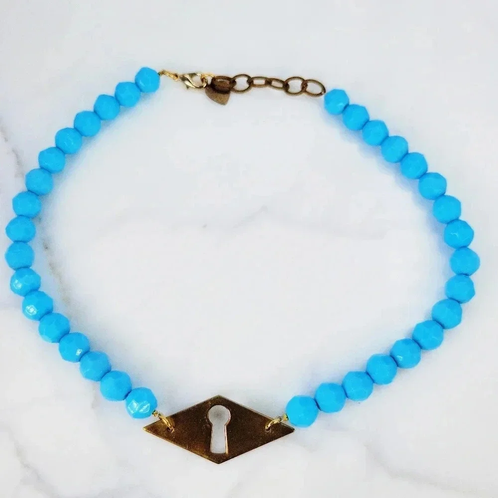 Artisan Keyhole Necklace Opaque Glass Turquoise Beads Brass I Love U Ch…